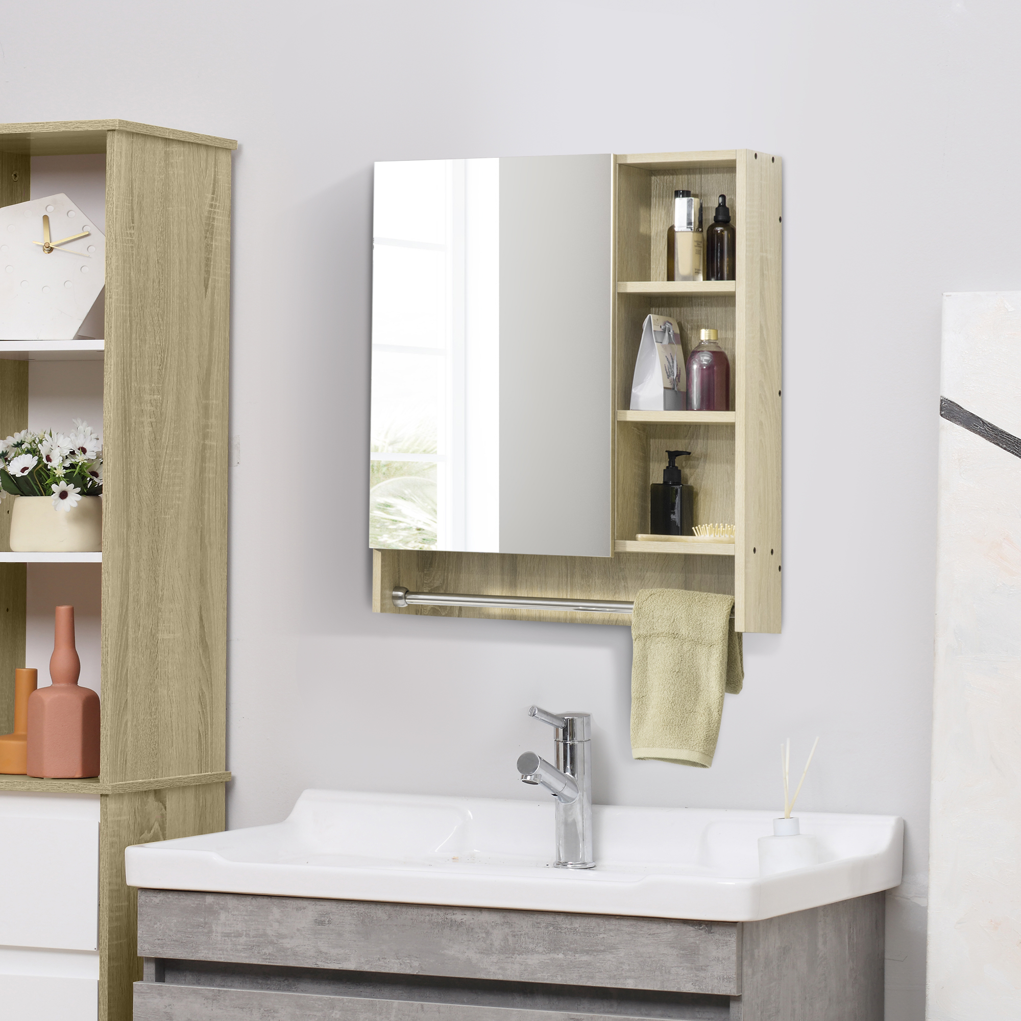 Wandhängender Badezimmerschrank Mit Spiegel, Verstellbaren Einlegeböden Und Handtuchhalter, Kompaktes Design Für Waschbecken Oder Wc, 60 X 15 X 70 Cm, Eiche