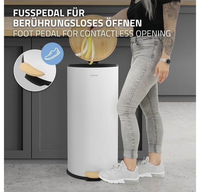 ML-Design Mülleimer 30L mit Fußpedal/Bambusdeckel Rund Weiß aus Stahl