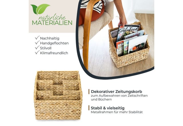 HMF 37211 Zeitungsständer Zeitungskorb Geflochten Wasserhyazinthe 3 Fächer 35 x 24 x 32 cm