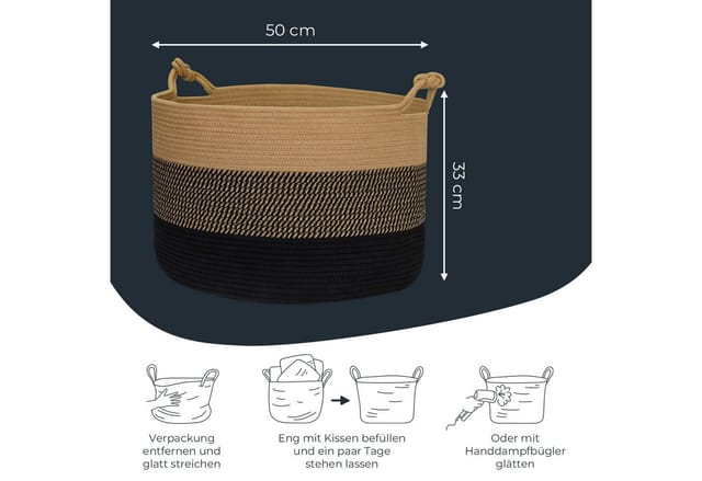 HMF 39014-50CM-81 Aufbewahrungskorb Glücksknoten-Griffen Großer Korb Baumwolle 50 x 33 cm Schwarz-Honig