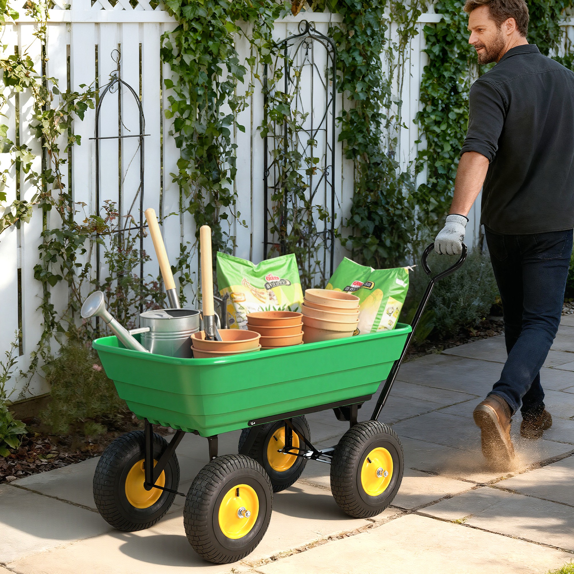 Gartenwagen, Bis Zu 75° Neigbar, Mit Verstellbarem Griff Und 4 Reifen, Max. 75 L Fassungsvermögen, Stahl, 109 X 52 X 94 Cm, Grün