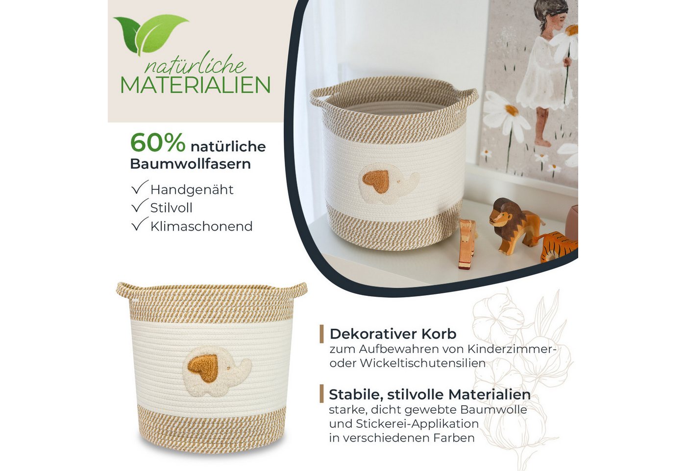 HMF 39020-30CM-ELE Aufbewahrungskorb Griffen Korb Kinderzimmer Baumwolle Elefant 30 x 30 cm Bild 2