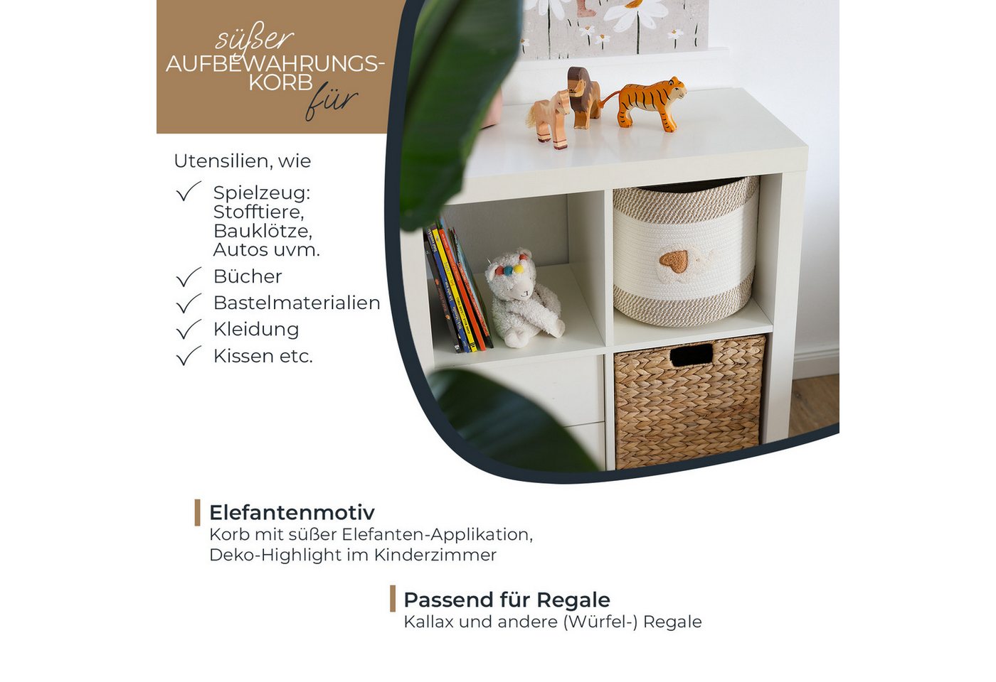 HMF 39020-30CM-ELE Aufbewahrungskorb Griffen Korb Kinderzimmer Baumwolle Elefant 30 x 30 cm Bild 4
