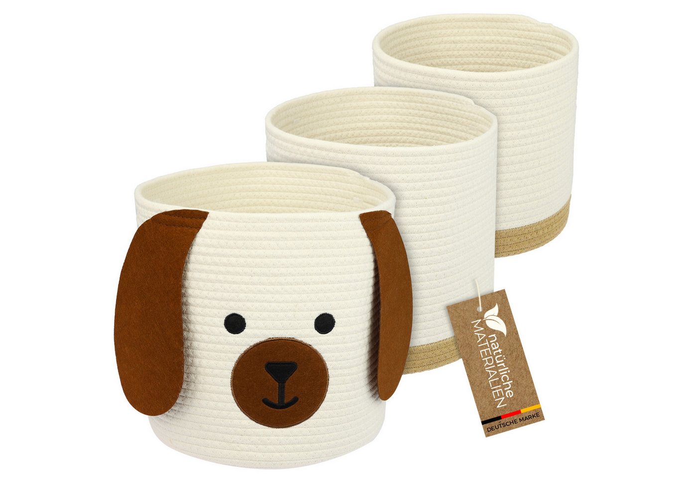 HMF 39022-HUN Aufbewahrungskorb Versteckten Griffen 3er Set Korb Kinderzimmer Baumwolle Hund Großtel Klein