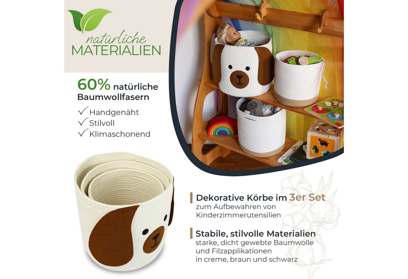 HMF 39022-HUN Aufbewahrungskorb Versteckten Griffen 3er Set Korb Kinderzimmer Baumwolle Hund Großtel Klein Bild 2