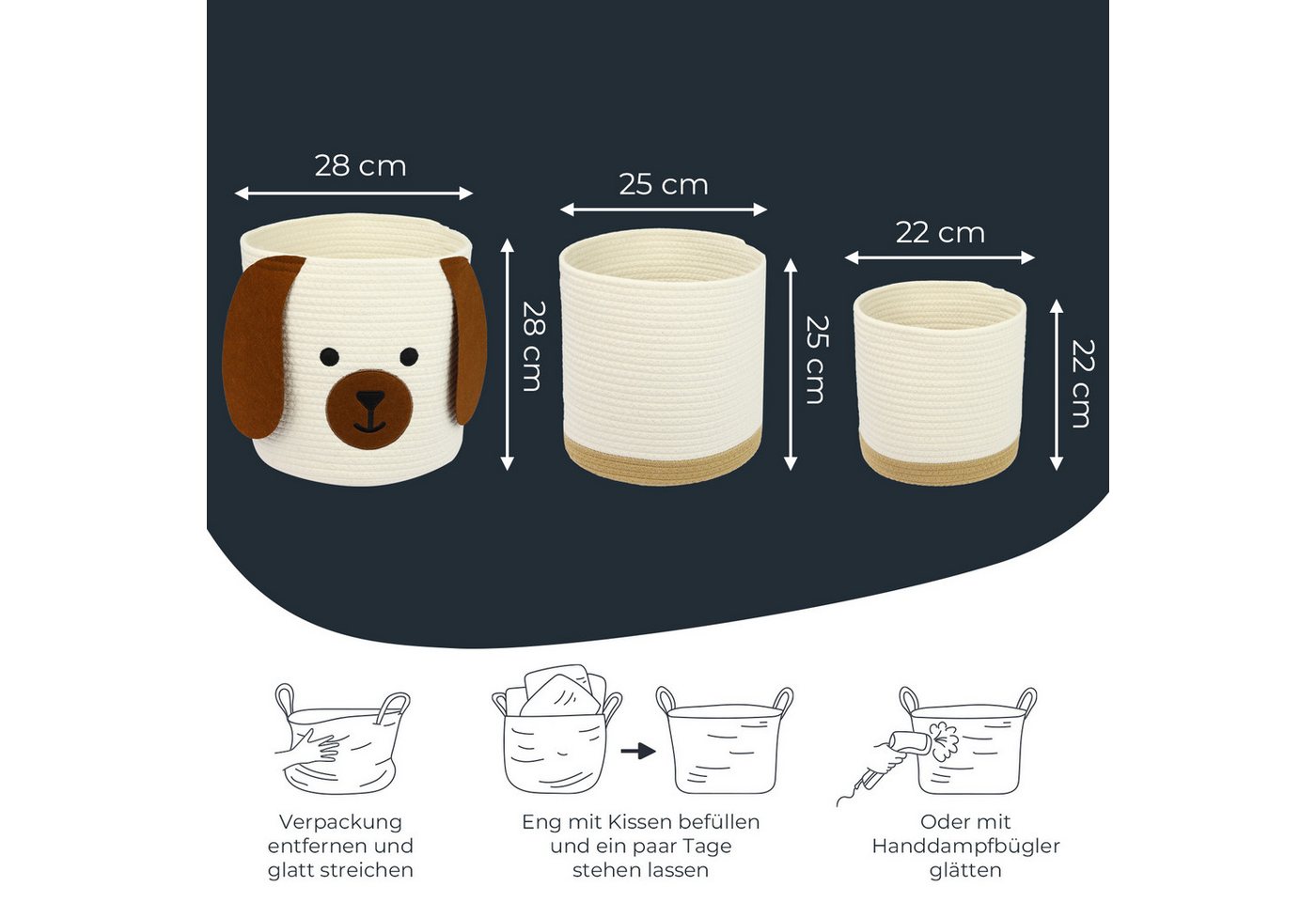 HMF 39022-HUN Aufbewahrungskorb Versteckten Griffen 3er Set Korb Kinderzimmer Baumwolle Hund Großtel Klein Bild 3