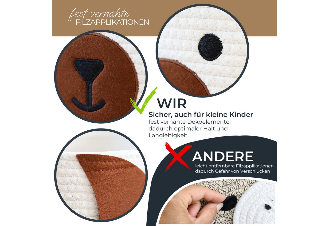 HMF 39022-HUN Aufbewahrungskorb Versteckten Griffen 3er Set Korb Kinderzimmer Baumwolle Hund Großtel Klein Bild 4