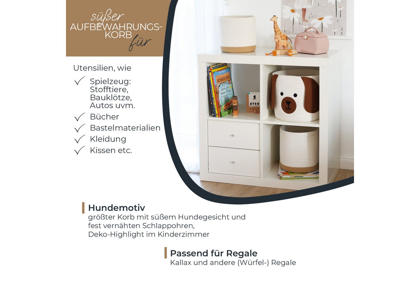 HMF 39022-HUN Aufbewahrungskorb Versteckten Griffen 3er Set Korb Kinderzimmer Baumwolle Hund Großtel Klein Bild 5