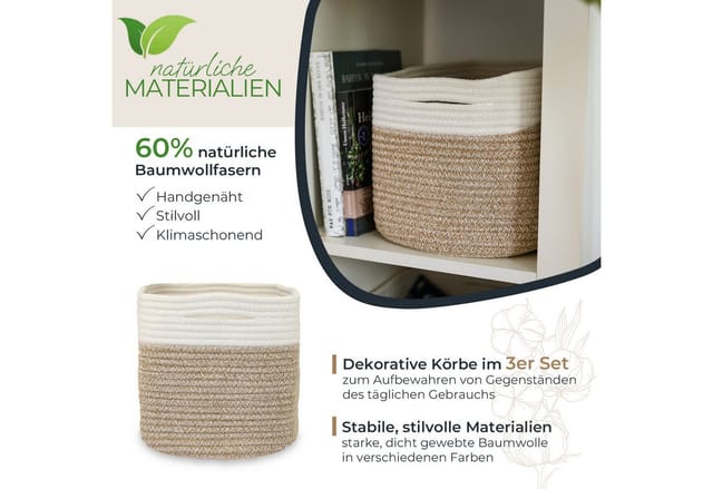 HMF 39010-37CM-80 Aufbewahrungskorb Versteckten Griffen 3er Set Korb Baumwolle 37 x 25 x 22 cm Weiß-Braun