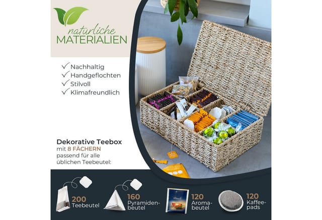 HMF 37090-33CM Teebox Teebeutel Geflochten Seegras Tee Aufbewahrungsbox 8 Großen Fächern 33 x 21 x 10 cm