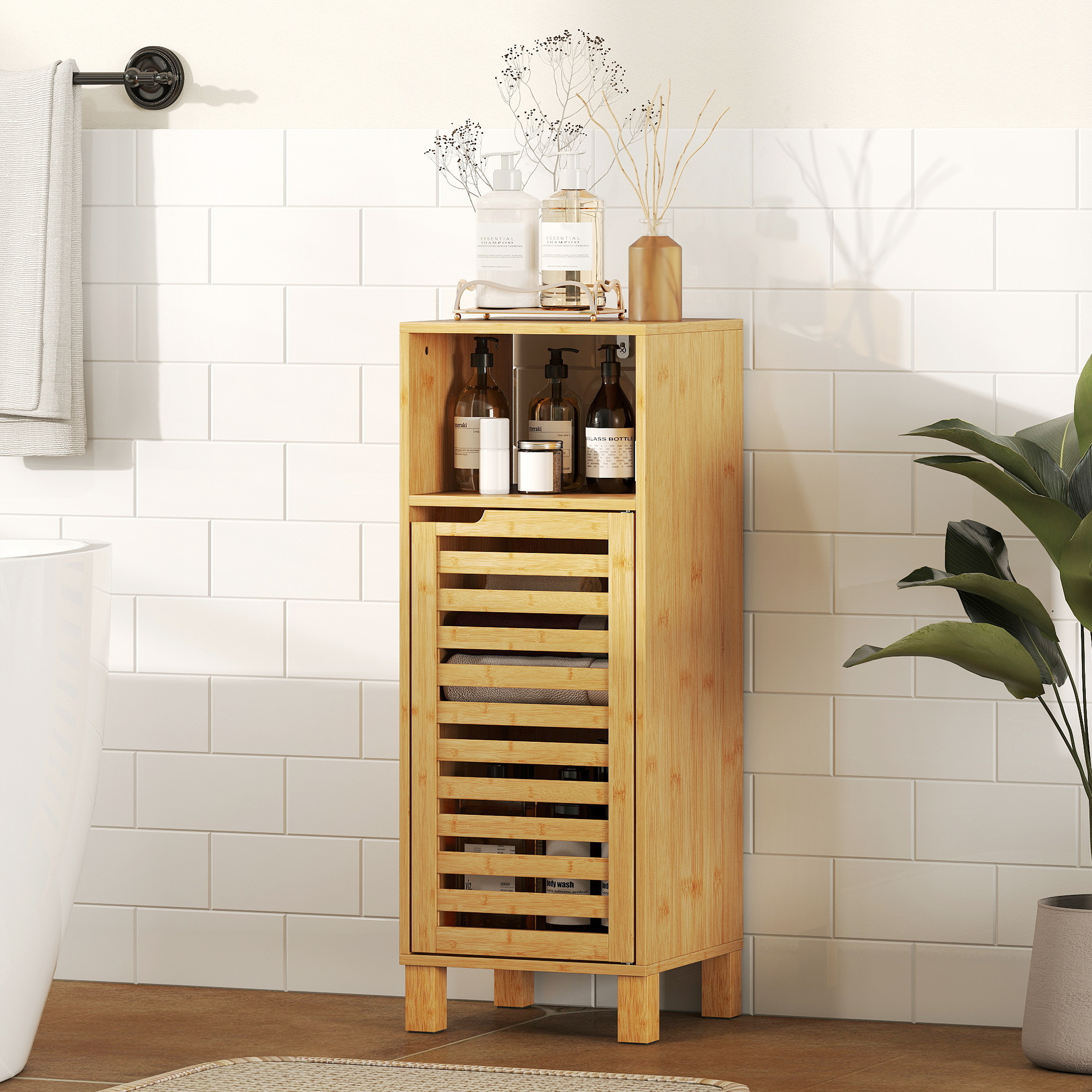 Schmaler Badezimmerschrank Mit Lamellentür, Offenem Fach Und Verstellbarem Einlegeboden, 30 X 30 X 80 Cm, Natur