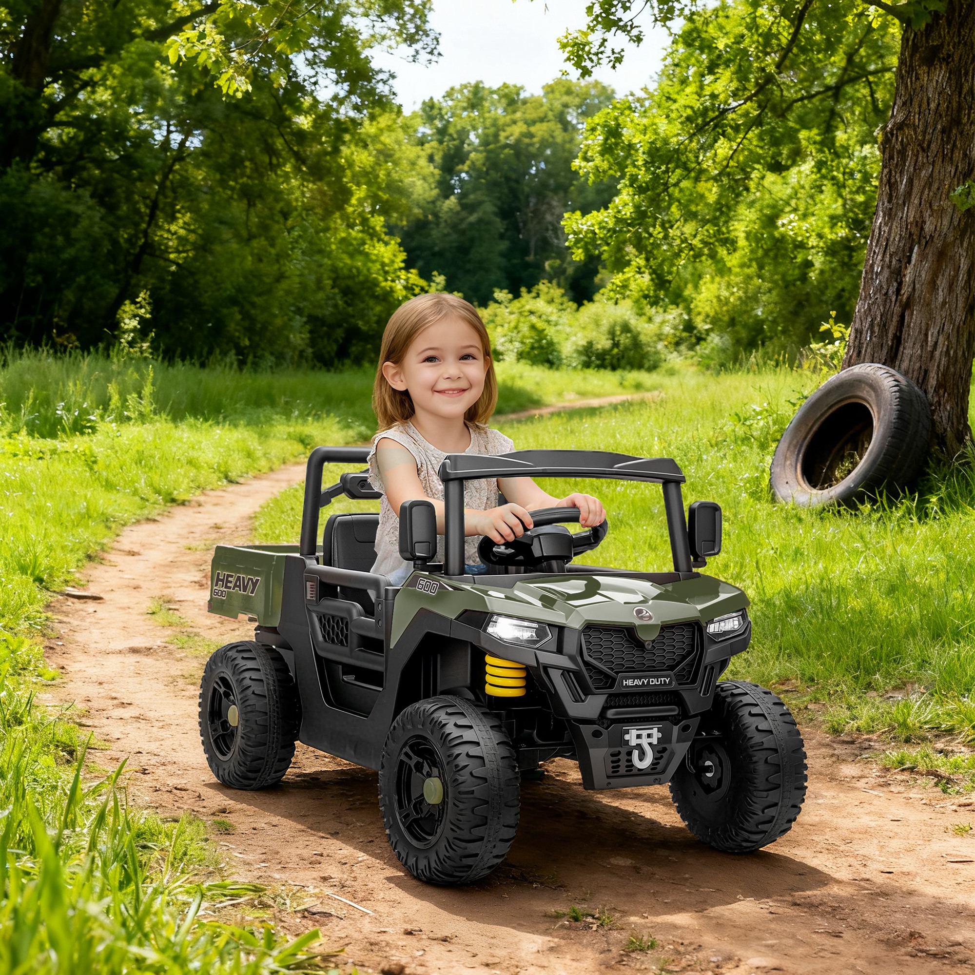Elektrisches Kinderauto (utv, 12 V) Mit Kofferraum, 2 Motoren, 3-punkt-gurt, Fernbedienung, Federung, Usb-anschluss, Musik, Beleuchtung, 1,8–3,7 Km/h, Für Kinder Von 3–8 Jahren, Grün