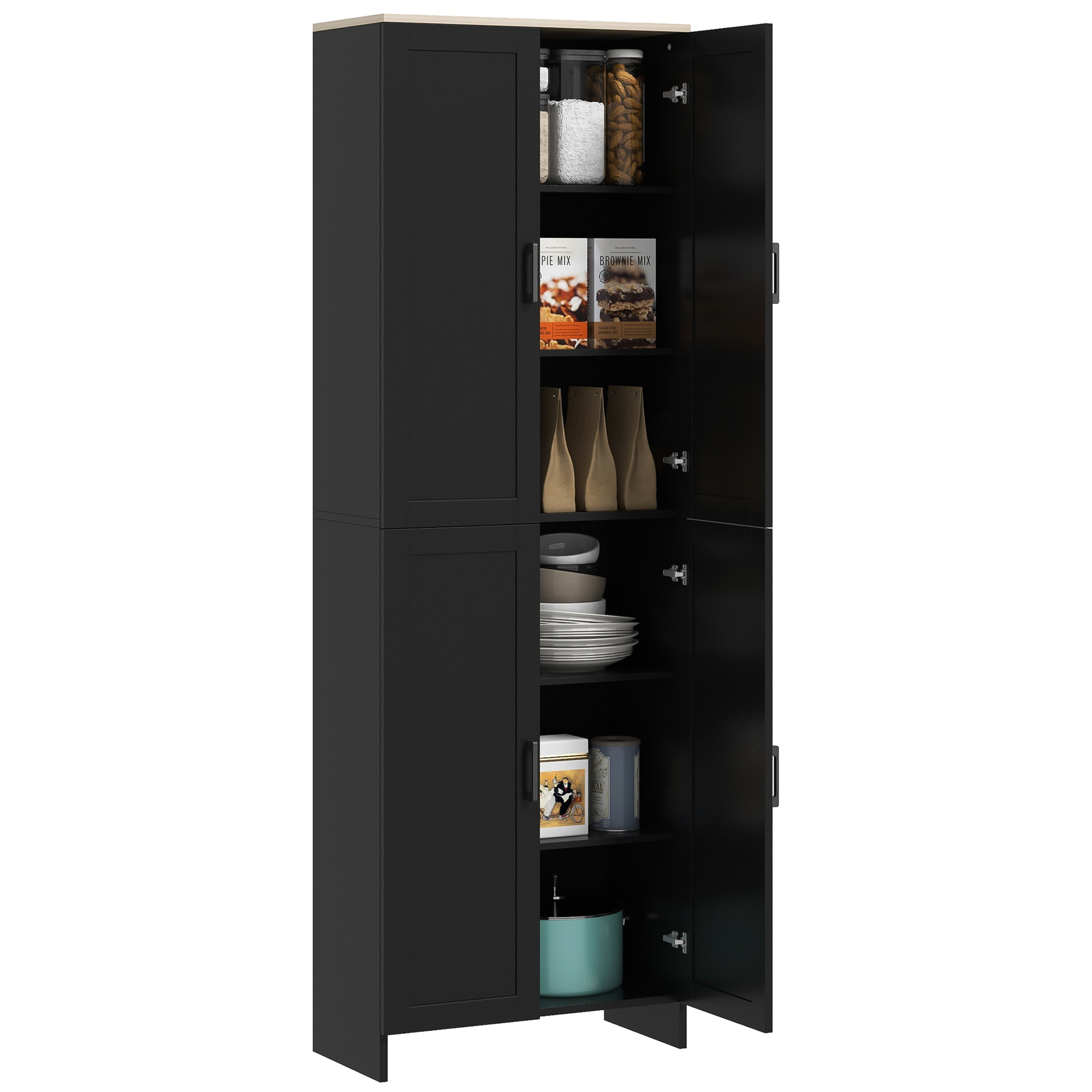 Multifunktionaler Küchenschrank Mit 4 Türen Und Verstellbaren Einlegeböden, 60 X 30 X 170,5 Cm, Schwarz