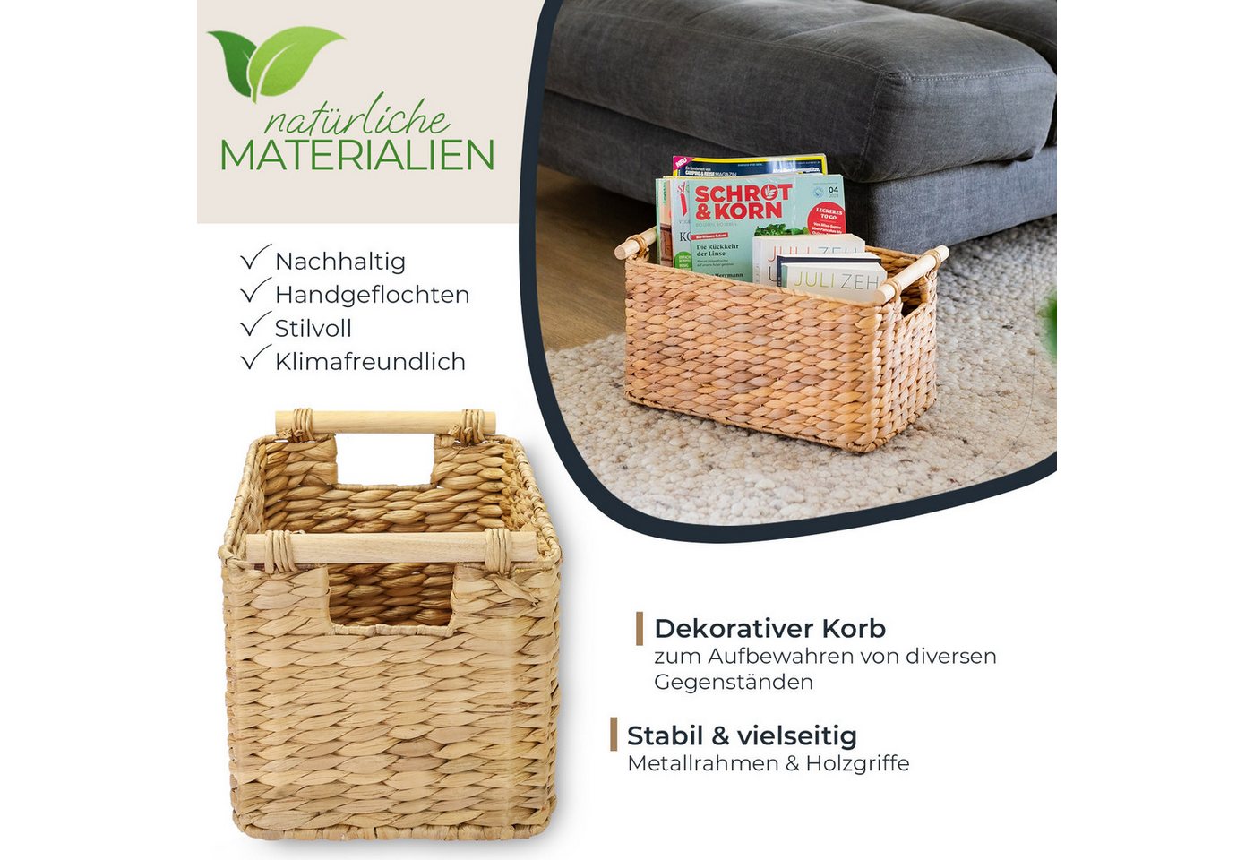 HMF 37279-37CM Aufbewahrungskorb Badezimmer Korb Geflochten Wasserhyazinthe Holzgriffen 37 x 22 x 20 cm