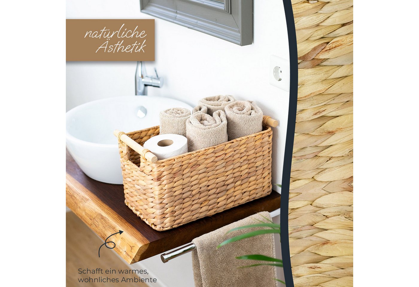 HMF 37279-37CM Aufbewahrungskorb Badezimmer Korb Geflochten Wasserhyazinthe Holzgriffen 37 x 22 x 20 cm Bild 3