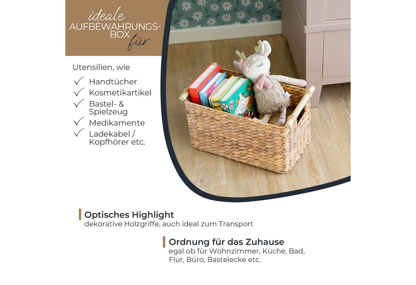 HMF 37279-37CM Aufbewahrungskorb Badezimmer Korb Geflochten Wasserhyazinthe Holzgriffen 37 x 22 x 20 cm Bild 4