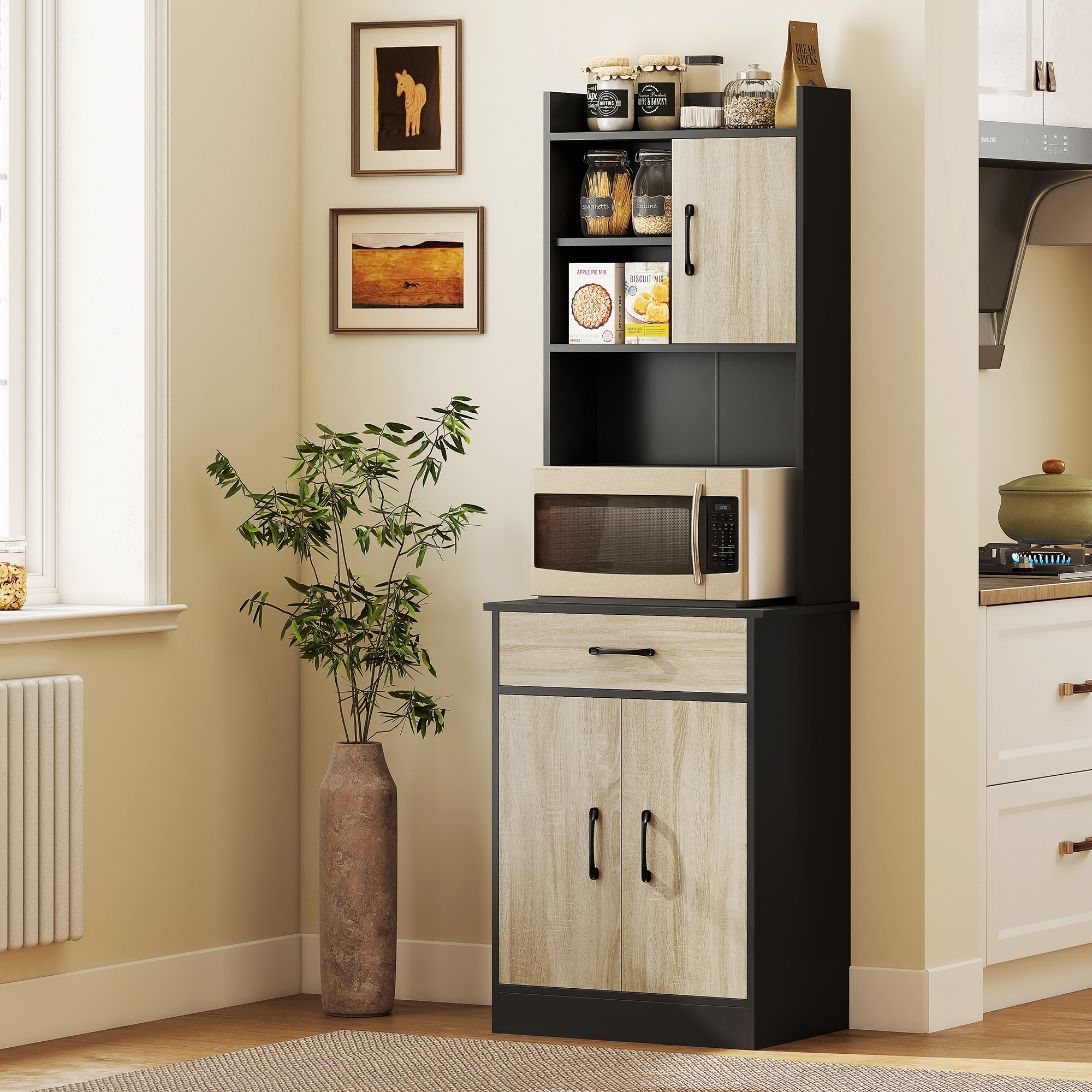 Küchen-sideboard, 180 Cm Breiter Vorratsschrank Mit Kabeldurchführung Und Mikrowellenhalterung, Küchenschrank Mit Schublade, 3 Offenen Regalböden Und Schränken, Für Esszimmer Und Wohnzimmer, In Schwar
