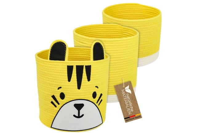 HMF 39022-TIG Aufbewahrungskorb Versteckten Griffen 3er Set Korb Kinderzimmer Baumwolle Tiger Großtel Klein