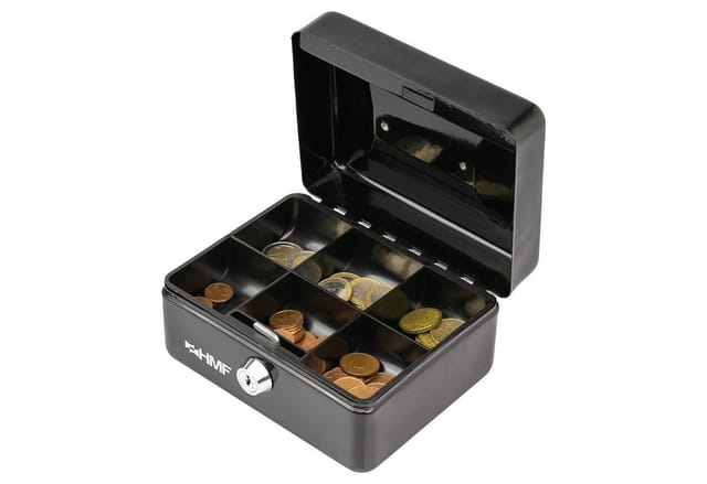 HMF 10215-02 Geldkassette Abschließbar Kasse Münzeinsatz 6 Münzfächer 15 x 12 x 8 cm Schwarz