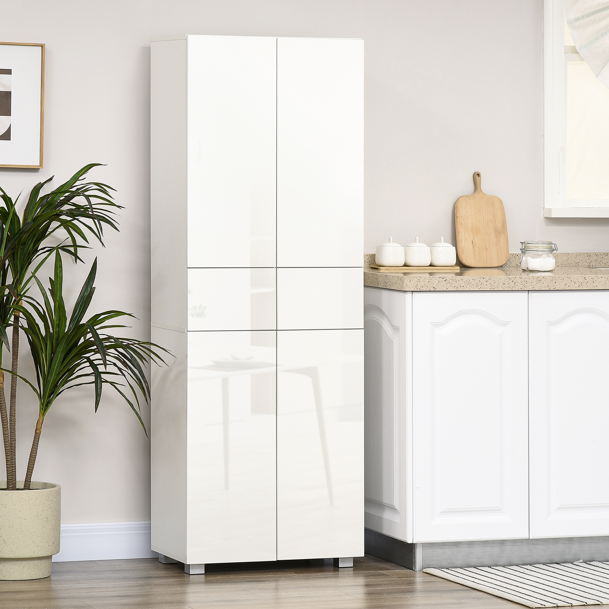 Küchenschrank Mit 4 Türen, 3 Verstellbaren Einlegeböden Und 5 Regalböden Aus Mdf Und Spanplatte, 60 X 35 X 170 Cm, Hochglanzweiß