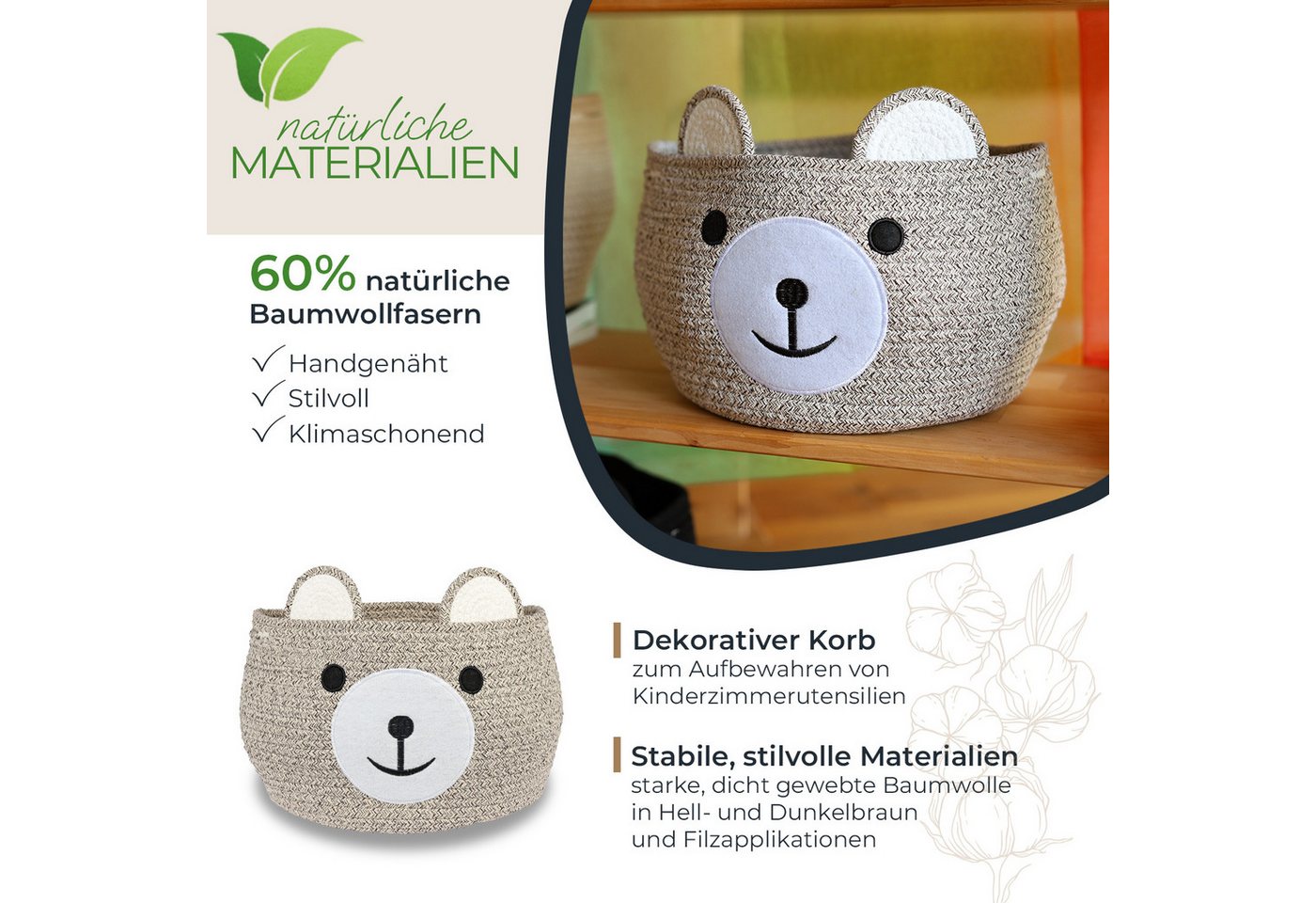 HMF 39021-30CM-29 Aufbewahrungskorb Versteckten Griffen Korb Kinderzimmer Baumwolle Bär 30 x 24 cm Hellbraun Bild 2