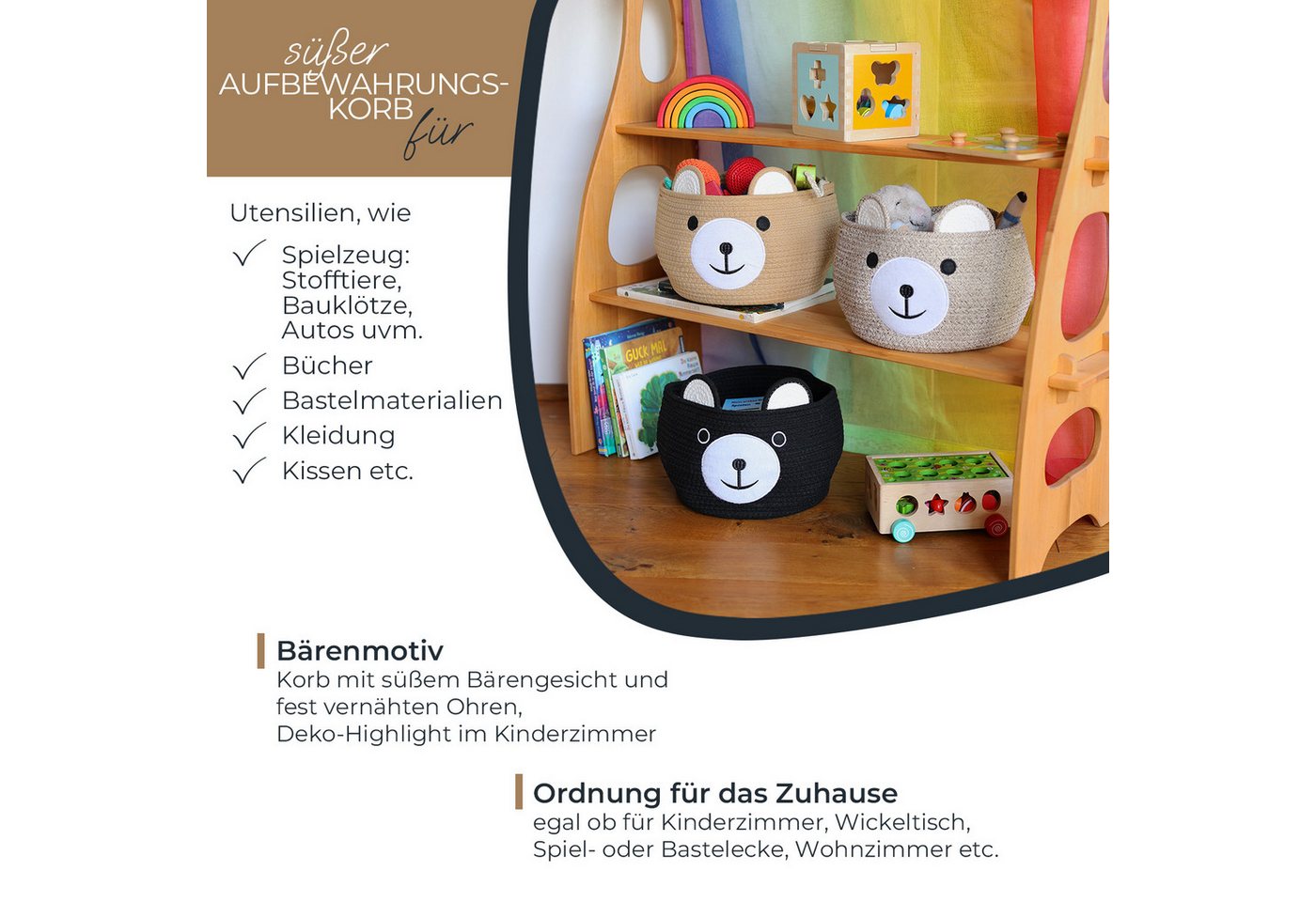 HMF 39021-30CM-29 Aufbewahrungskorb Versteckten Griffen Korb Kinderzimmer Baumwolle Bär 30 x 24 cm Hellbraun Bild 3