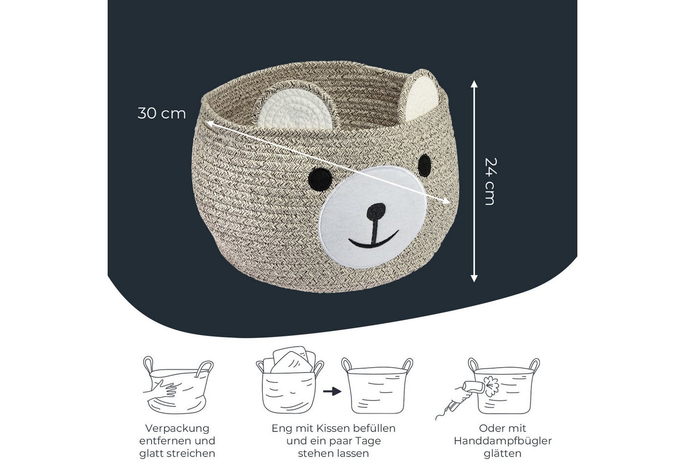 HMF 39021-30CM-29 Aufbewahrungskorb Versteckten Griffen Korb Kinderzimmer Baumwolle Bär 30 x 24 cm Hellbraun Bild 5