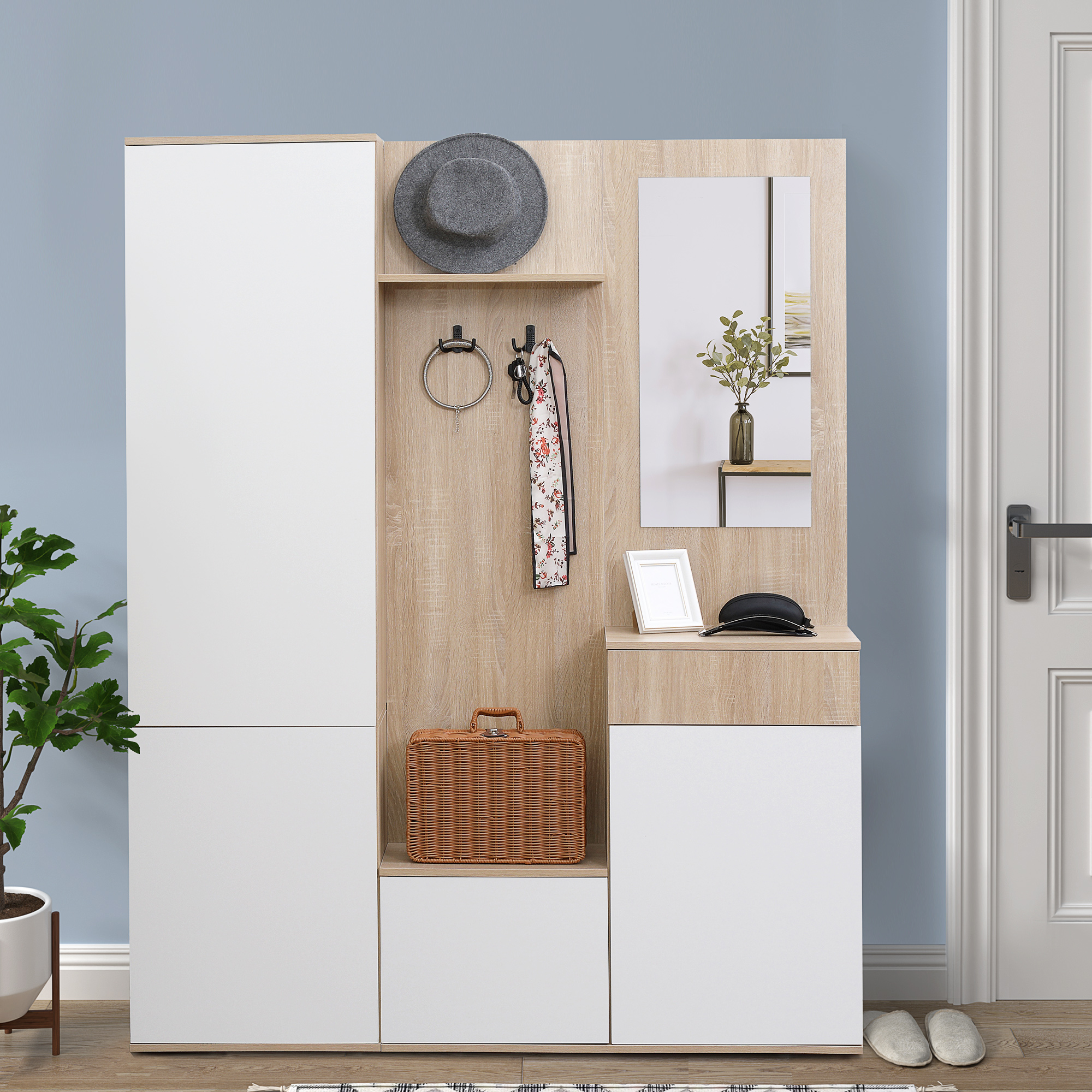 4-in-1-garderobenständer Mit Spiegel, Haken Und Verstellbaren Einlegeböden, Mehrzweck-garderobenschrank Aus Holz Mit Schublade, 145 X 29 X 184 Cm, Naturholz Und Weiß