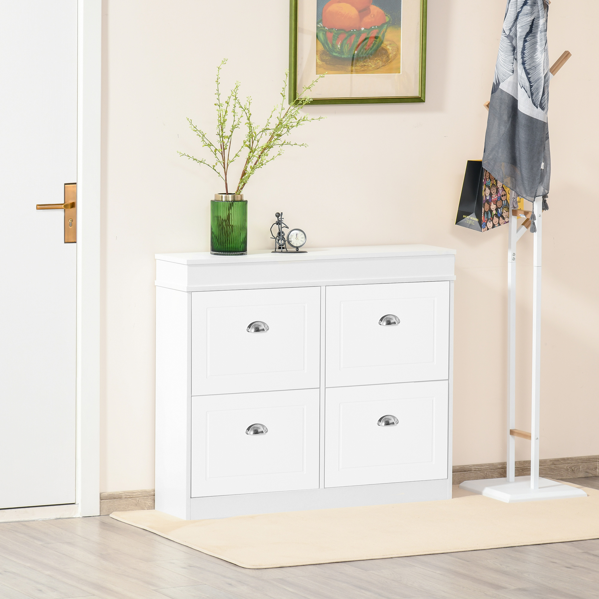 Homcom Schuhschrank Mit 4 Türen, Schmales Schuhregal Mit Verstellbaren Und Herausnehmbaren Einlegeböden, Platz Für 16 Paar Schuhe, Für Flur Und Eingangsbereich, 98 X 24 X 83 Cm, Weiß