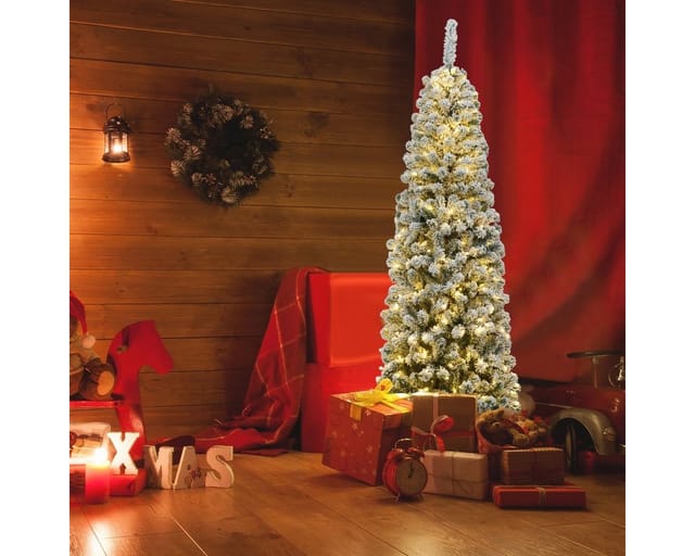 Costway Bleistift Weihnachtsbaum mit Schnee und Led-Leuchten 180cm
