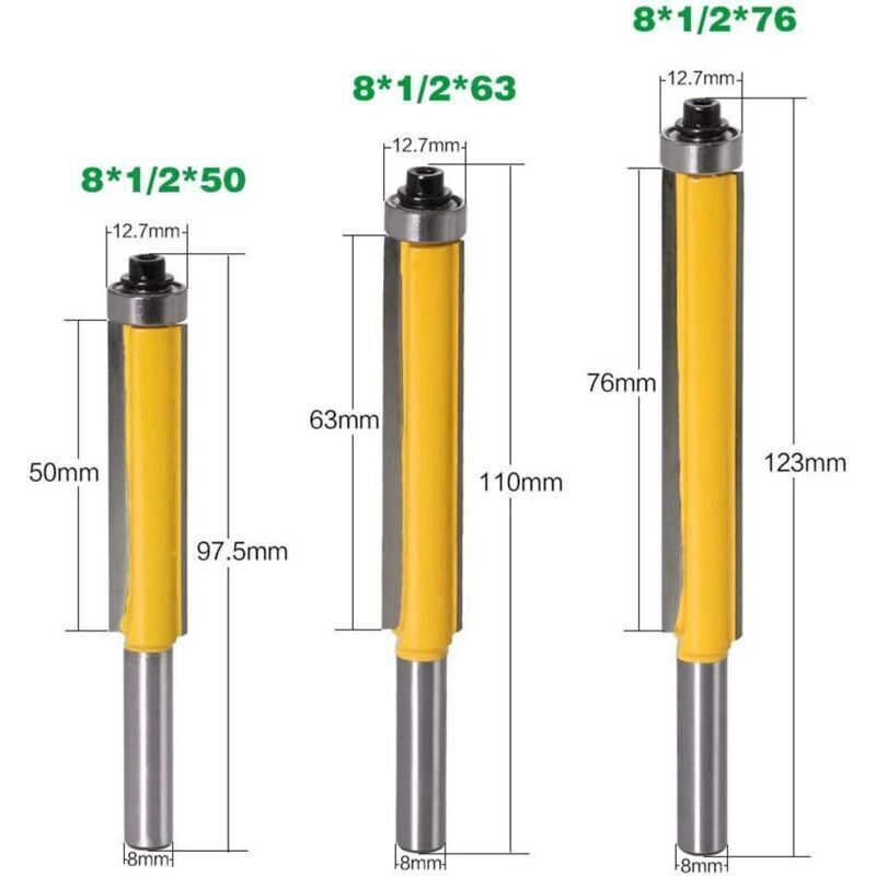 3-teiliges 8-mm-kopierfräser-set – Top-lagerung – Extra Lange Ausführung – Für Hartholz – Professionelle Fräswerkzeuge