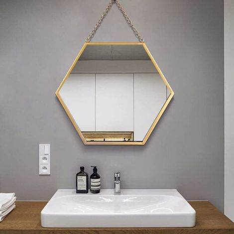 Sechseckiger Wandspiegel Mit Metallrahmen - Dekorativer Spiegel Mit Kette - Kosmetikspiegel - Kosmetikspiegel Für Badezimmer, Wohnzimmer, Schlafzimmer (l)