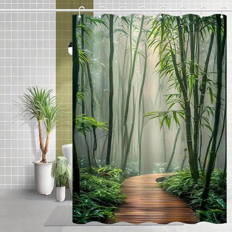 Duschvorhang Mit Bambusmuster, 120 X 180 Cm, Aus Polyester – Wasserdicht Und Schimmelresistent – Antibakterielle Beschichtung – Inklusive Ringe