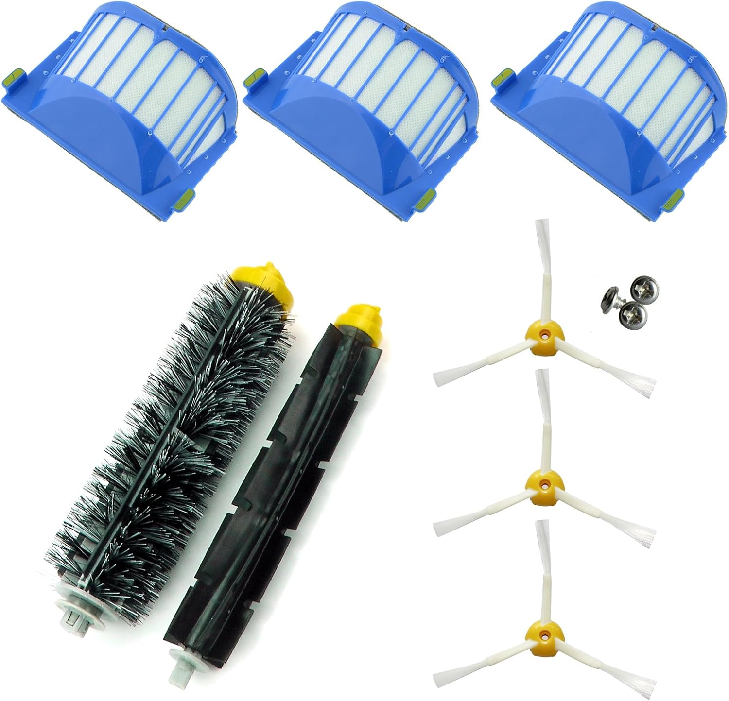 Kit De Remplacement Pour Aspirateur Robot Roomba 600/610/620/621/630/650/651/655/660/661/pet Avec 3 Filtres Aerovac, 3 Brosses À 3 Pales, 1 Brosse Centrale, 1 Rouleau Central Et Accessoires