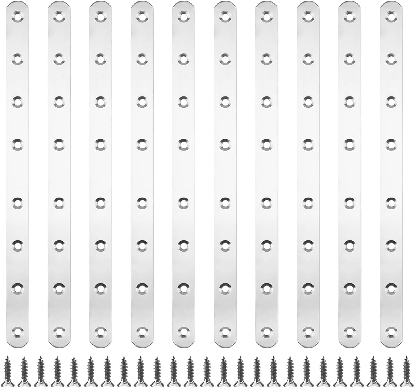 10 Pièces 293 X 19 X 3 Mm Pattes D'Assemblage Supports De Fixation Droits Plats Plaques Dassemblage Métalliques En Acier Inoxydable Avec 80 Vis De Fixation Pour Cadres De Lit, Chaises, Tables