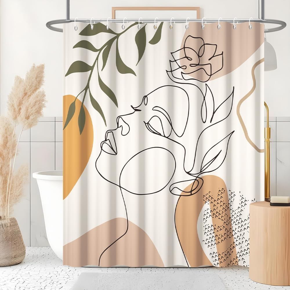 Rideau Douche Anti Moisissure, Rideau De Douche Orange 180x200cm Tissu Lavable Boheme Rideaux De Baignoire Visage Abstrait Feuilles Vert Imperméable Rideaux Salle De Bain Avec 12 Crochets