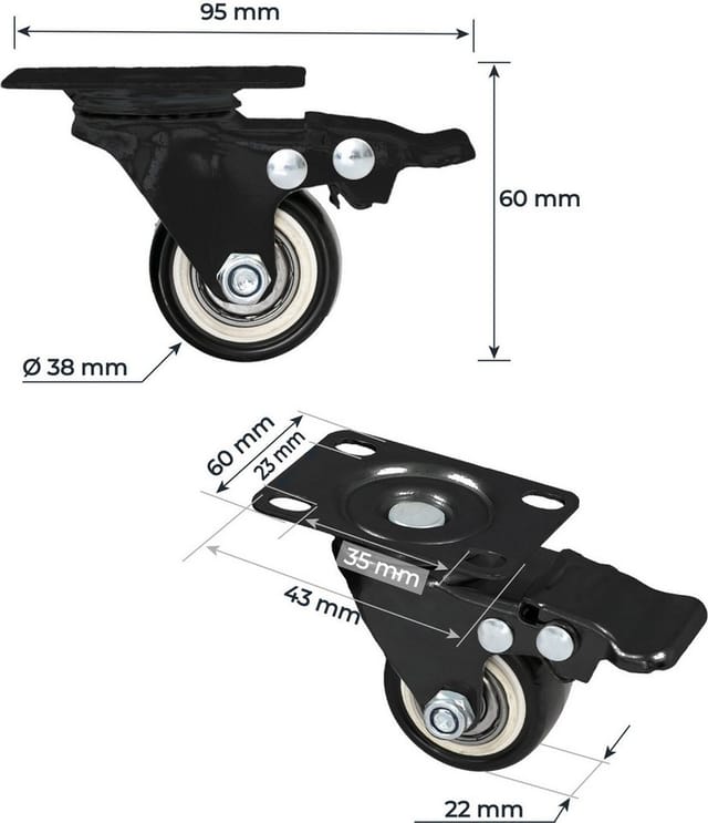 HMF 6710 Schwerlastrollen Bremse Polyurethan 4 Stück 38 mm bis 300 kg Schwarz