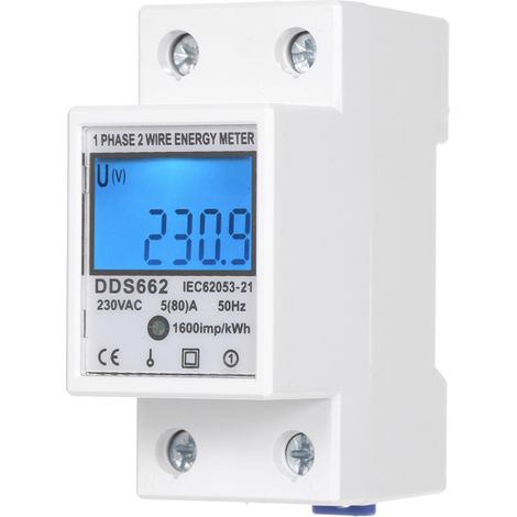 Einphasen-energiezähler Dds662 230 V 5–80 A, Lcd-hintergrundbeleuchtung, Klasse 1, Kwh Vaw Hz, 1 Modul Din-schiene