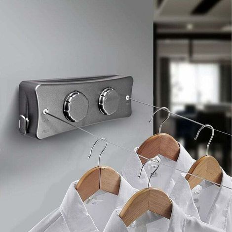 Étendoir À Linge Rétractable Mural Avec 2 Fils De 5 M En Acier Inoxydable, Réglable Et Extensible Pour Une Utilisation Intérieure Et Extérieure.