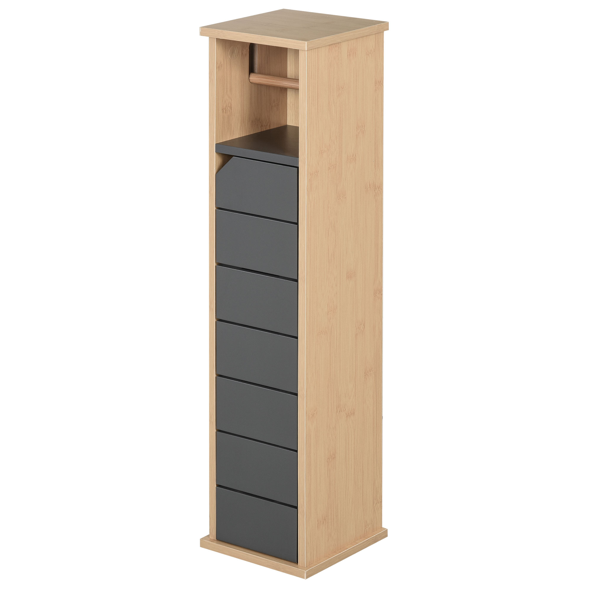 Badezimmersäule Mit Toilettenpapierhalter, Platzsparende Einheit Mit Verstellbarem Regalboden Aus Mdf Und Bambus, 18 X 18 X 75 Cm, Farbe: Bambus Und Grau