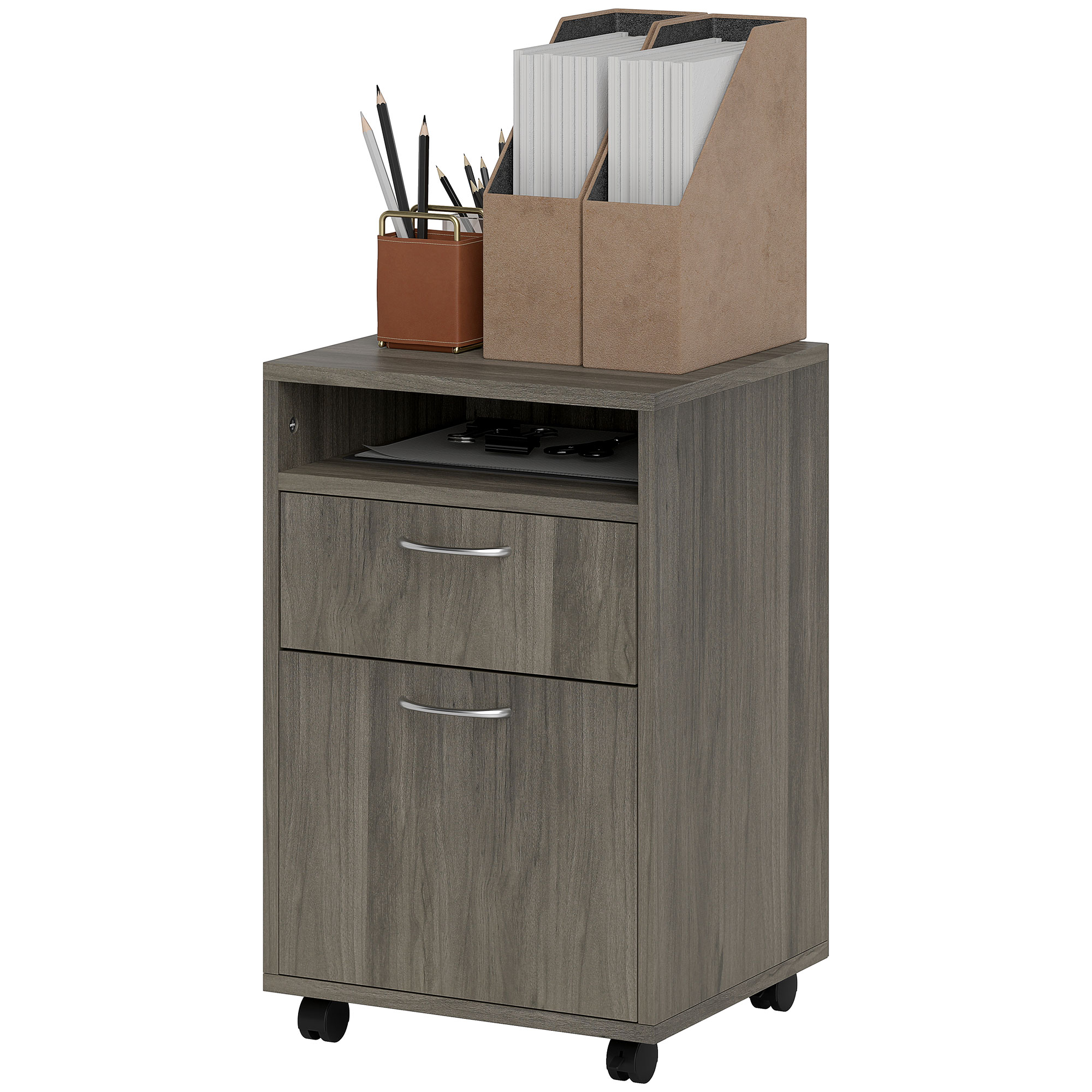 Rollbarer Aufbewahrungsschrank Mit Schublade Und Offenem Fach, Holz Und Metall, 40 X 35 X 60 Cm, Grau
