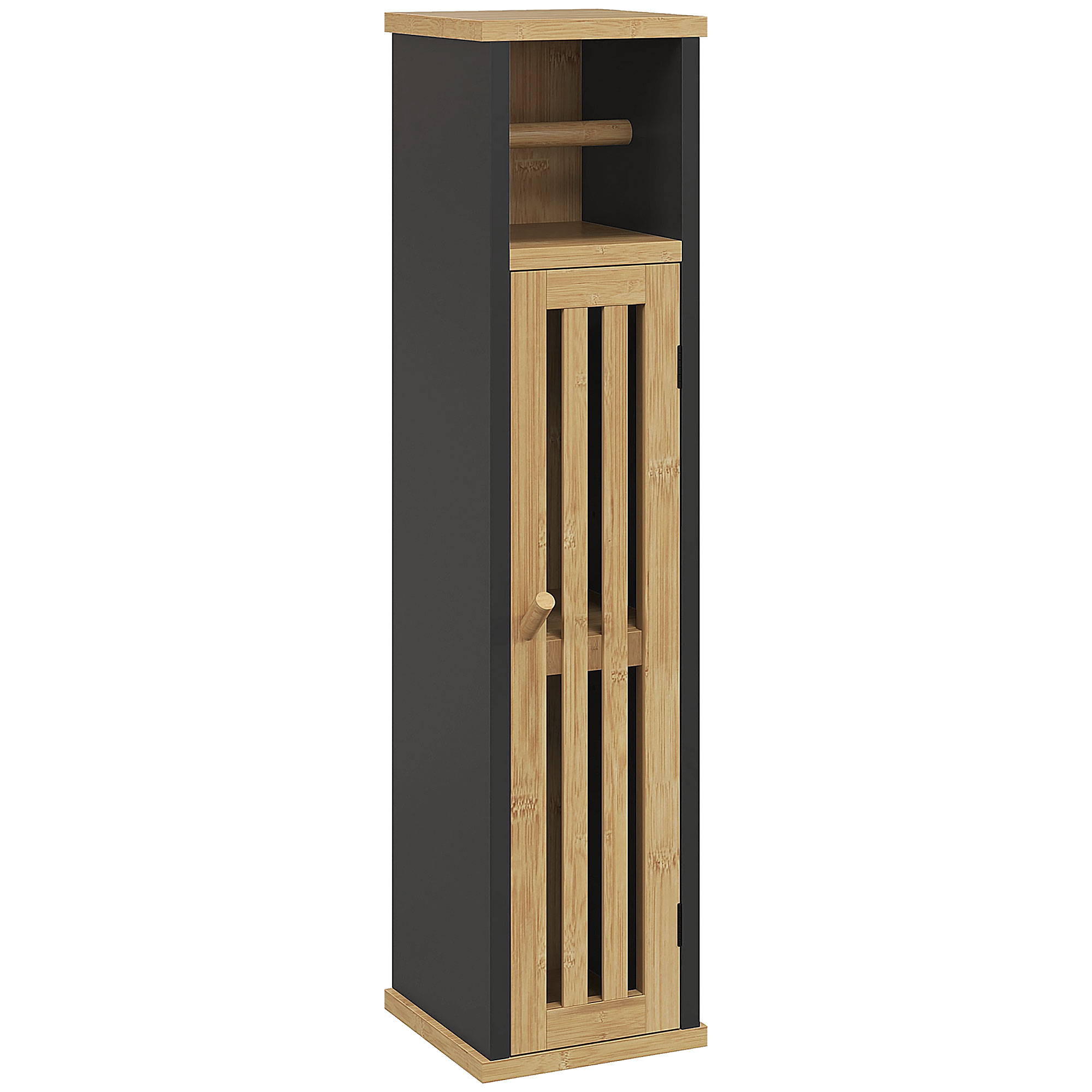 Badezimmerschrank Mit Offenem Regal Und Schrankfach, Bambus Und Mdf, 18 X 18 X 75 Cm, Schwarz Und Holz