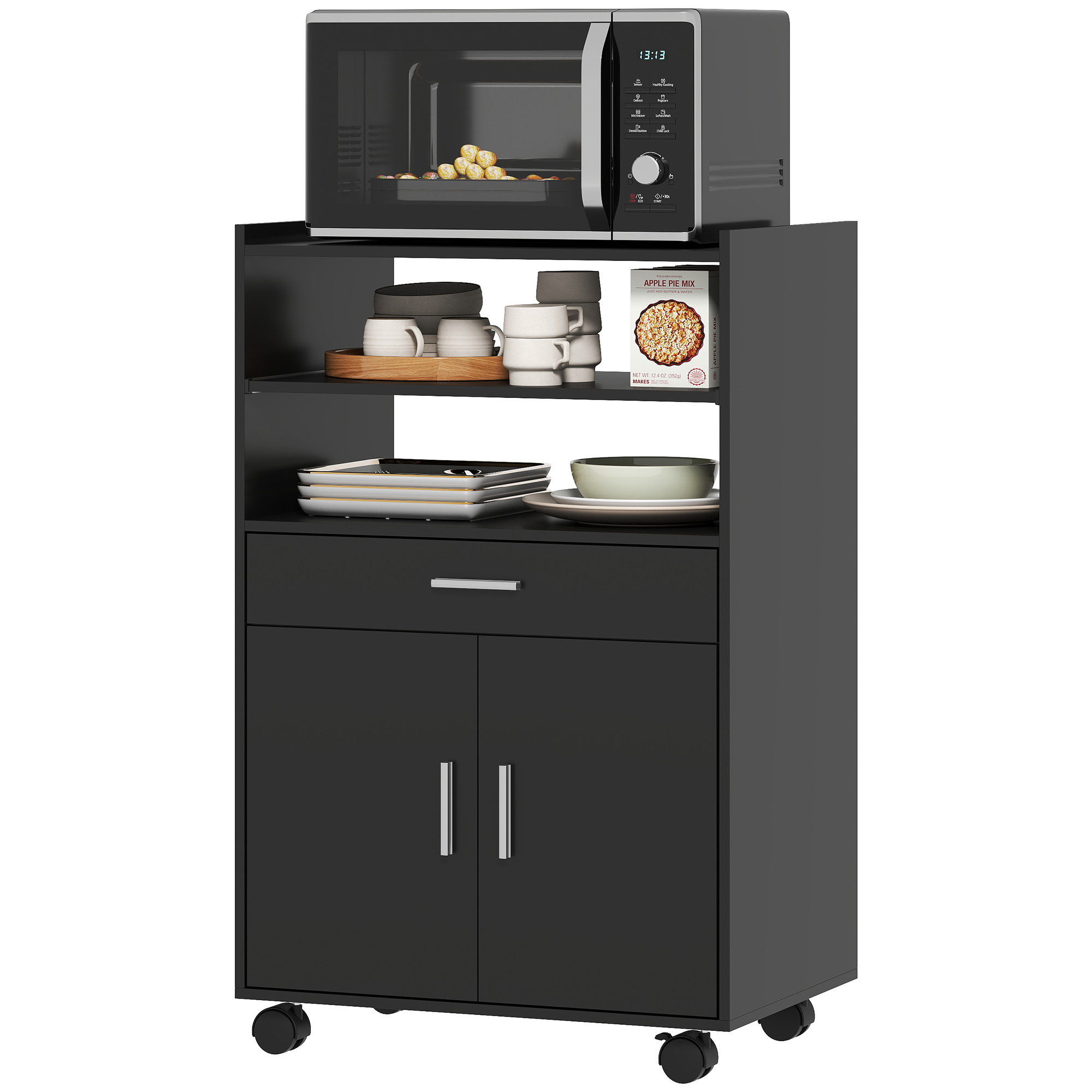 Mikrowellenschrank Aus Holz Mit Schublade, 2 Türen Und 2 Einlegeböden, 59 X 40 X 92 Cm, Schwarz