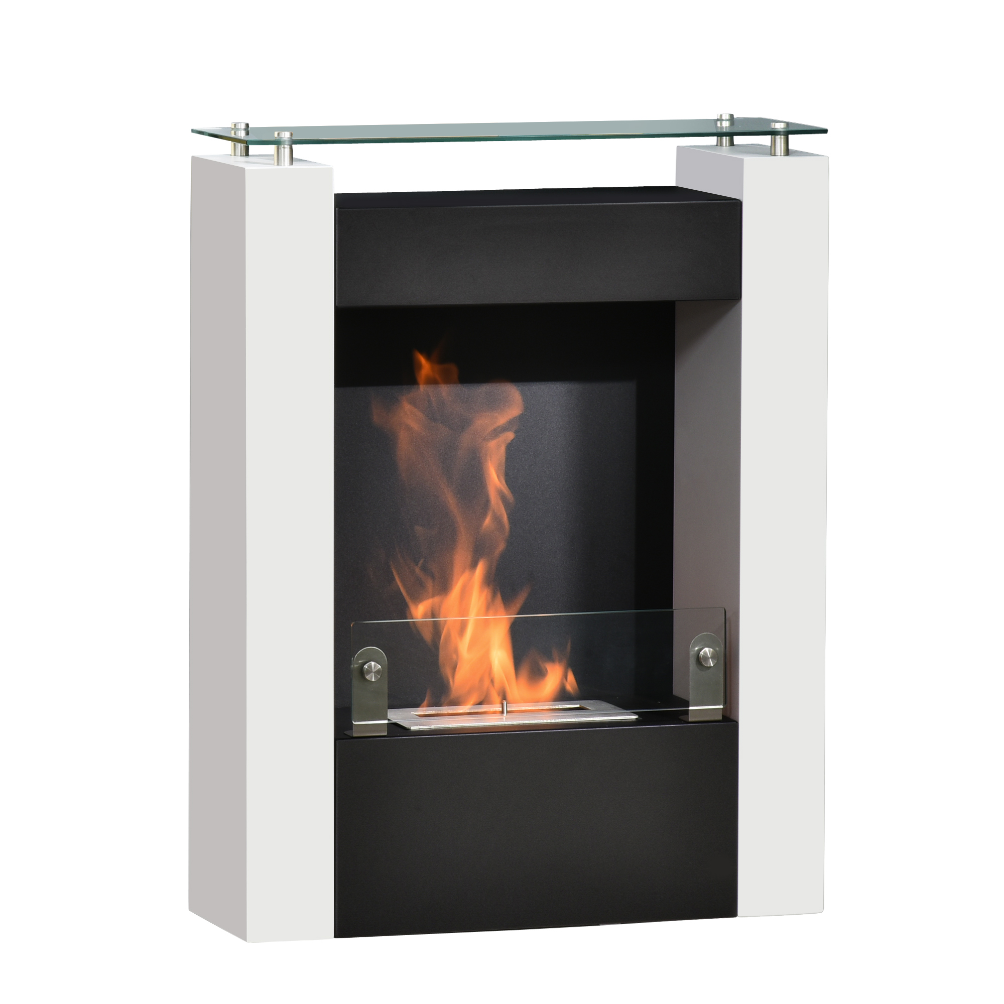 0,9-liter-bioethanolbrenner Mit Auffangschale Aus Gehärtetem Glas, 60 X 20 X 79 Cm, Stahl, Schwarz-weiß