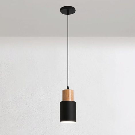 Mini-hängeleuchte Für Den Nachttisch, Holz-hängeleuchte Mit Zylindrischem Schirm, Lange Metallrohr-hängeleuchte, E27-fassung – Schwarz