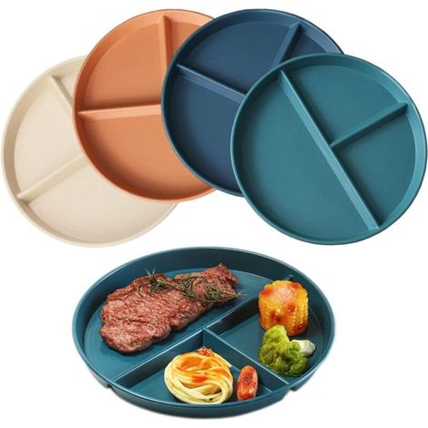 Set Mit 4 Bruchsicheren 22-cm-esstellern – 3 Fächer – Bpa-freies, Lebensmittelechtes Pp – Für Familien- Und Kindermahlzeiten – Spülmaschinen- Und Mikrowellengeeignet