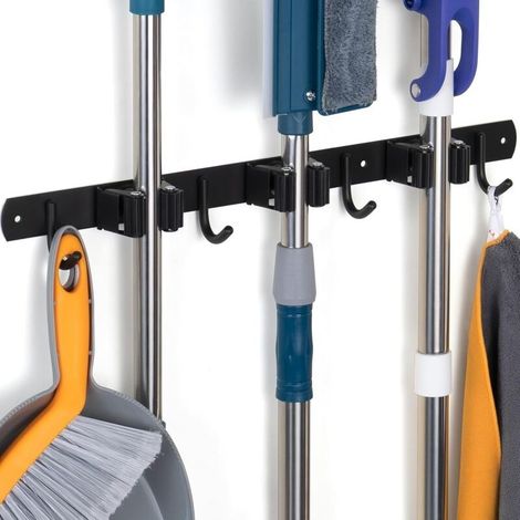 Wandmontierter Besenhalter Mit Klebe- Oder Schraubbefestigung – Edelstahl – 3 Halterungen Und 4 Haken – Für Besen Und Leichte Gartengeräte