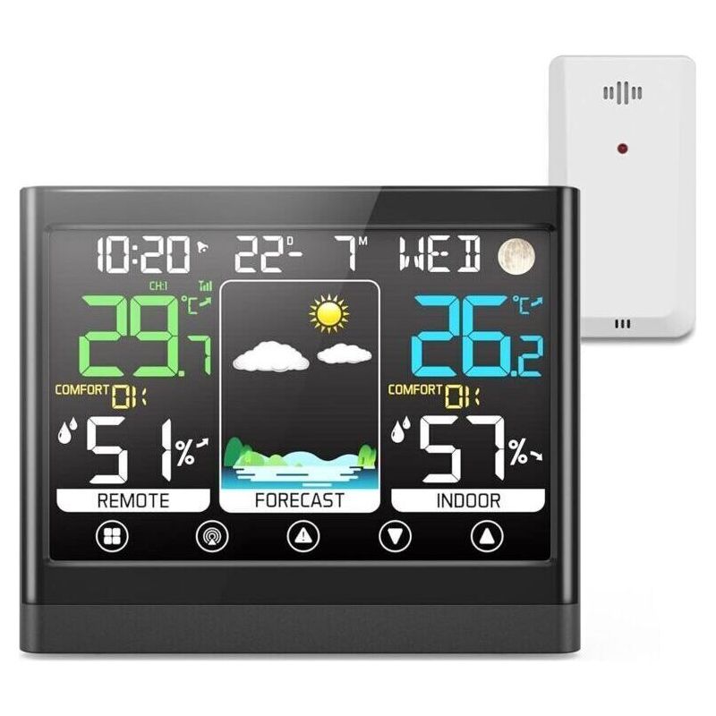 Drahtlose Wetterstation Für Drinnen Und Draußen Mit Thermometer-/hygrometersensor, Farb-lcd-bildschirm, Temperaturwarnung, Wettervorhersage, Dcf-radio, Mondphasenanzeige, Schlummerfunktion Und Wecker