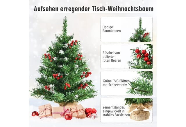 Costway Mini Künstlicher Weihnachtsbaum mit Roten Beeren 60 cm