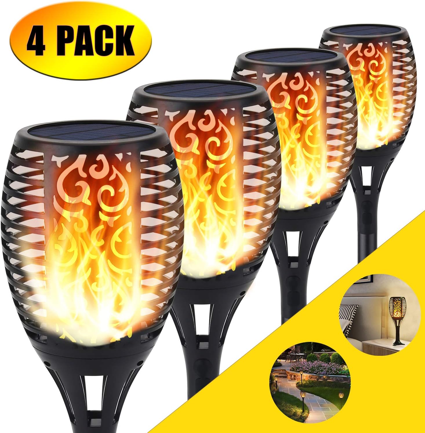 Solar-taschenlampe, 96 Led, Flackernde Flammenlichter, Gartenwege / Außenhof (4er-set)